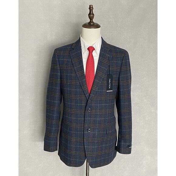 Nautica Men's 40 Long Modern Fit Tweed Sport Coat Blue Plaid Branford NEW - Picture 1 of 9